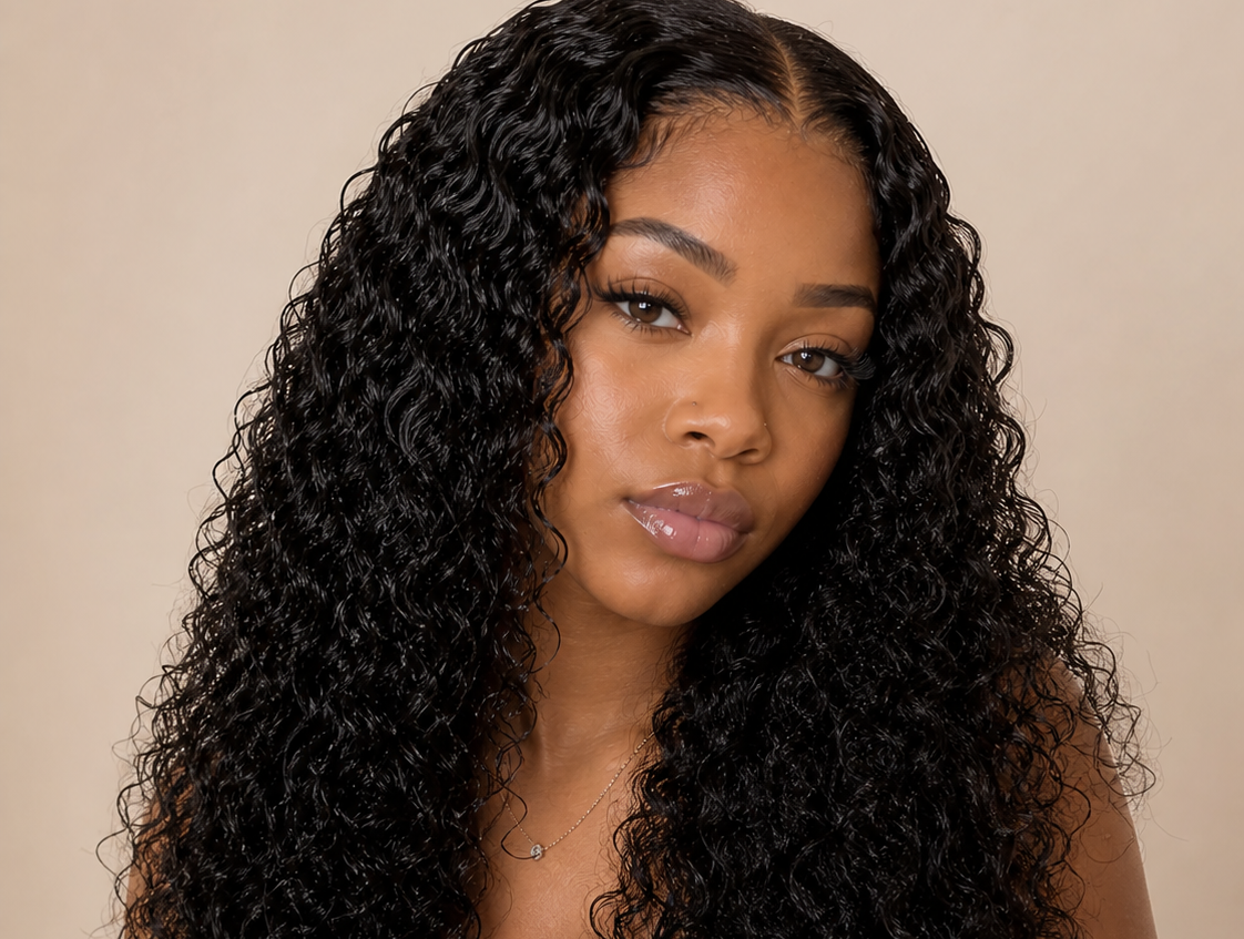 Woman with long, curly black hair against a beige background